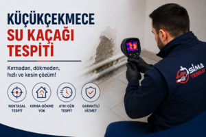 Küçükçekmece su kaçağı tespiti hizmetinde kullanılan termal kamera, akustik dinleme cihazı, nem ölçer ve kanal görüntüleme kamerası ile kırmadan noktasal tespit hizmeti.